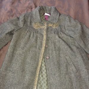 Army green herringbone coat with gold details